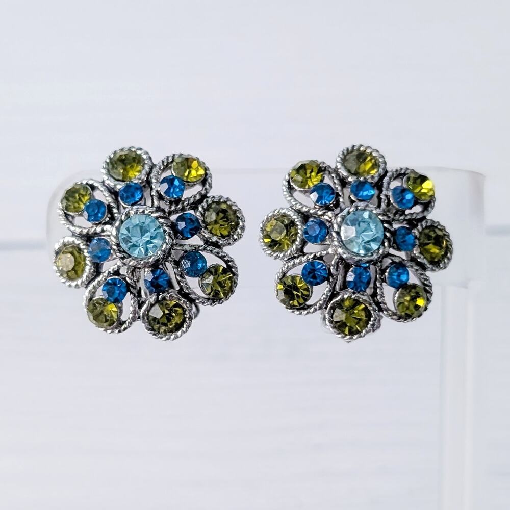 Vintage Clip On Earrings Green & Blue Gems - Statement - 1"
